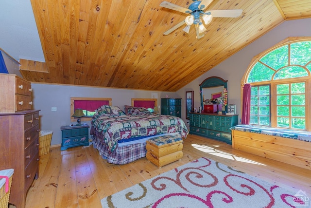 bedroom featuring hardwood / wood-style flooring, ceiling fan, lofted ceiling, and wood ceiling