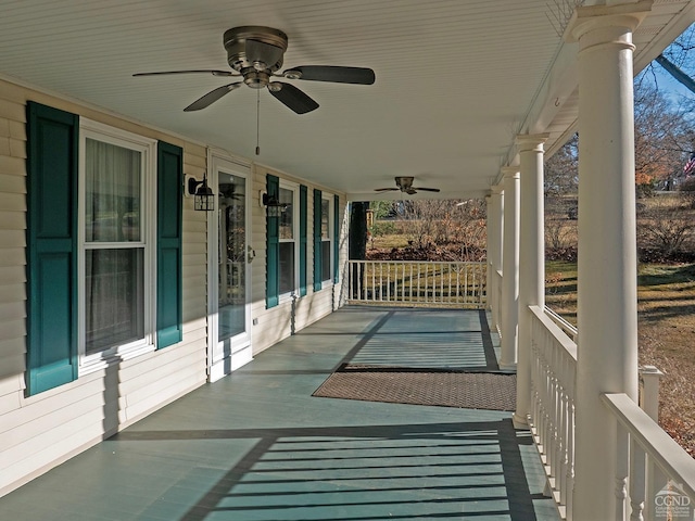 view of patio / terrace featuring ceiling fan and a porch