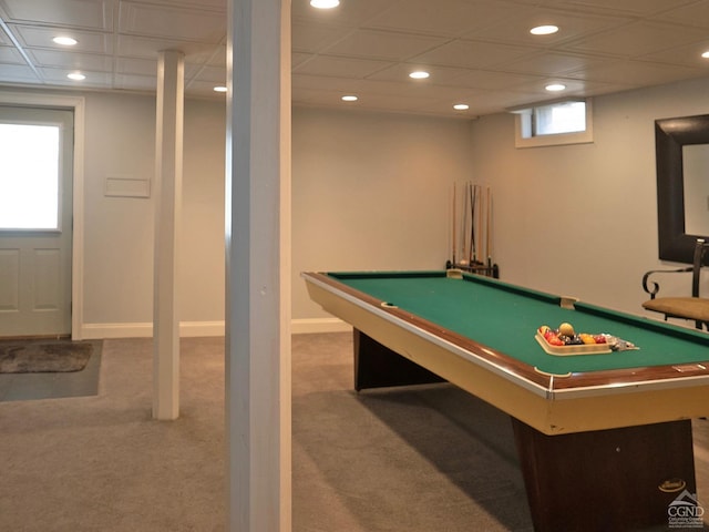 rec room featuring carpet flooring and pool table