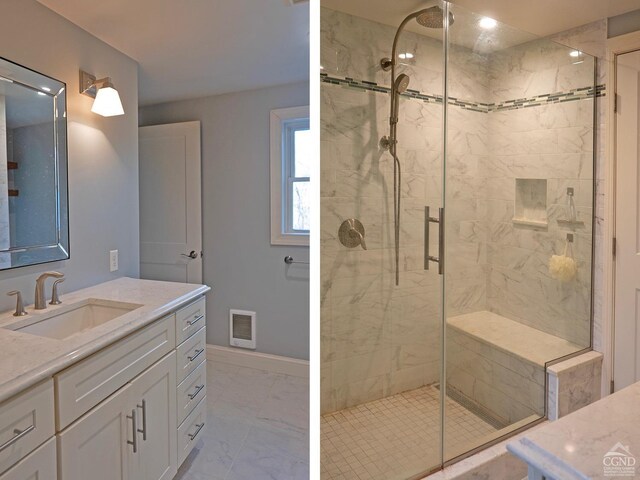 bathroom with vanity and an enclosed shower