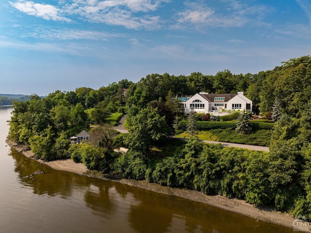 aerial view featuring a water view