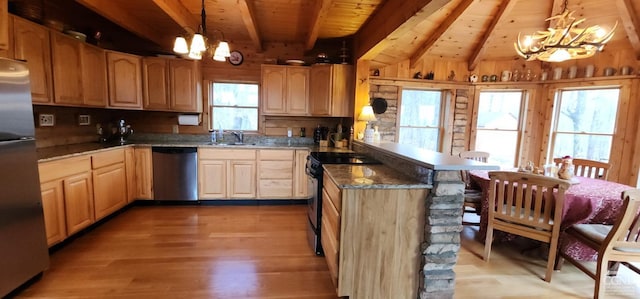 kitchen featuring a healthy amount of sunlight, stainless steel appliances, hanging light fixtures, and a notable chandelier