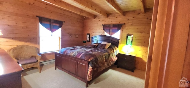 bedroom featuring light colored carpet, a baseboard heating unit, wooden walls, wooden ceiling, and beamed ceiling