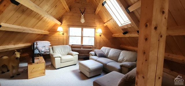 bonus room with wooden walls, wooden ceiling, and lofted ceiling with skylight