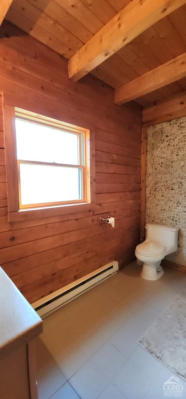 bathroom with a healthy amount of sunlight and wooden walls