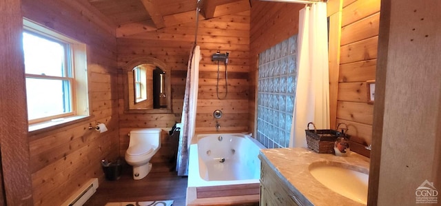 full bathroom featuring hardwood / wood-style floors, wood walls, a baseboard radiator, and shower / tub combo with curtain