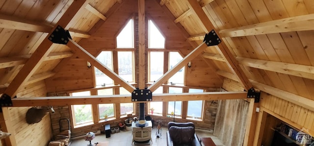 unfurnished living room featuring beamed ceiling, wood ceiling, and high vaulted ceiling