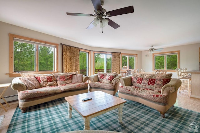 living room featuring ceiling fan and a baseboard radiator