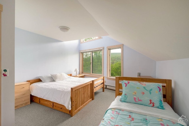 bedroom featuring light carpet, vaulted ceiling, and a baseboard heating unit