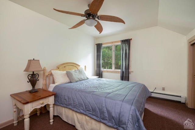 bedroom featuring carpet, vaulted ceiling, baseboard heating, and ceiling fan