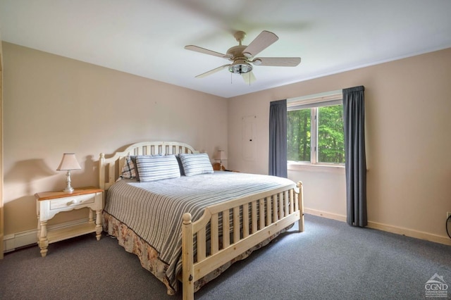 bedroom with dark colored carpet, baseboard heating, and ceiling fan