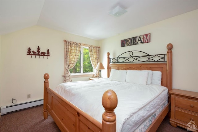 carpeted bedroom with lofted ceiling and baseboard heating