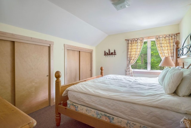 carpeted bedroom with lofted ceiling