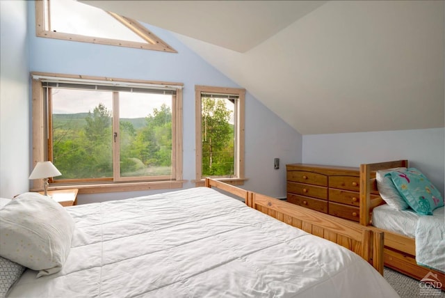 carpeted bedroom with vaulted ceiling