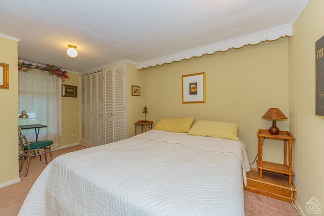 carpeted bedroom featuring a closet and ornamental molding