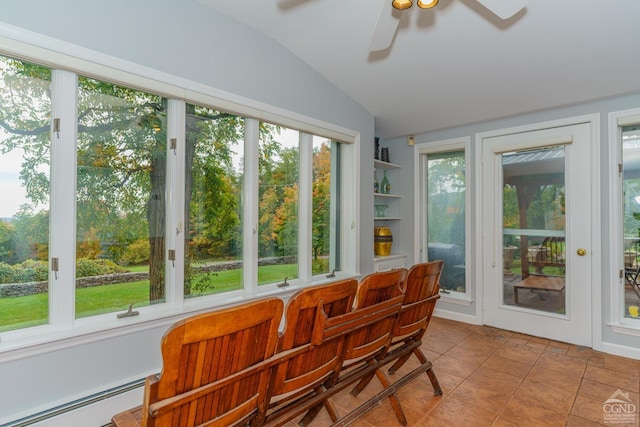 sunroom featuring a wealth of natural light, ceiling fan, a baseboard radiator, and lofted ceiling