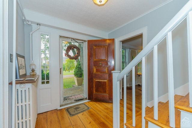 entrance foyer with crown molding, a textured ceiling, and hardwood / wood-style flooring