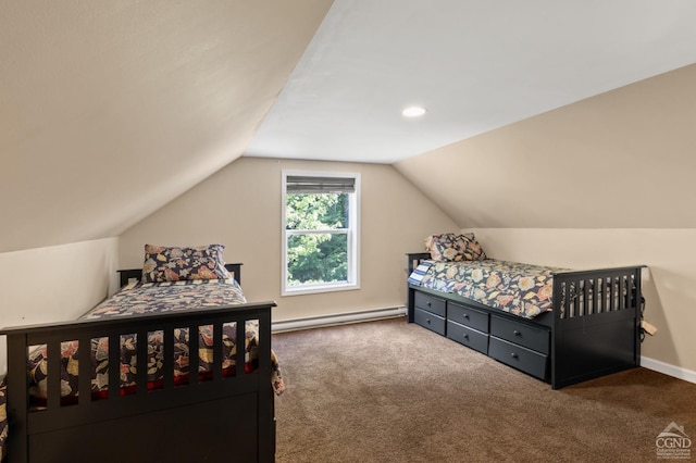 bedroom with dark colored carpet, baseboard heating, and lofted ceiling