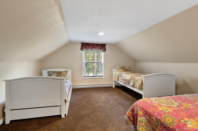 carpeted bedroom featuring vaulted ceiling and a baseboard heating unit