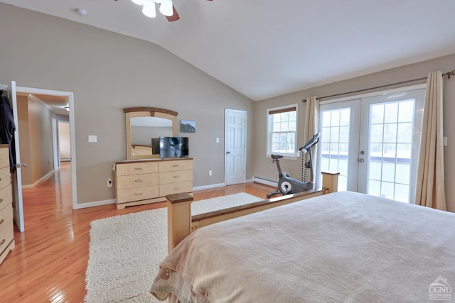 bedroom with ceiling fan, french doors, light hardwood / wood-style flooring, vaulted ceiling, and access to outside