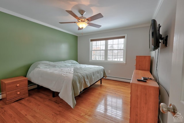 bedroom with ceiling fan, crown molding, a baseboard radiator, and light hardwood / wood-style floors