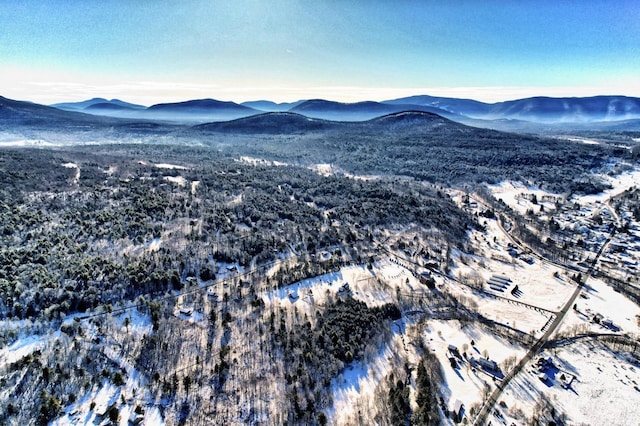 snowy aerial view with a mountain view