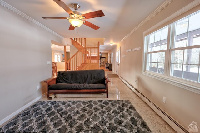 living room featuring ceiling fan, crown molding, and a baseboard radiator