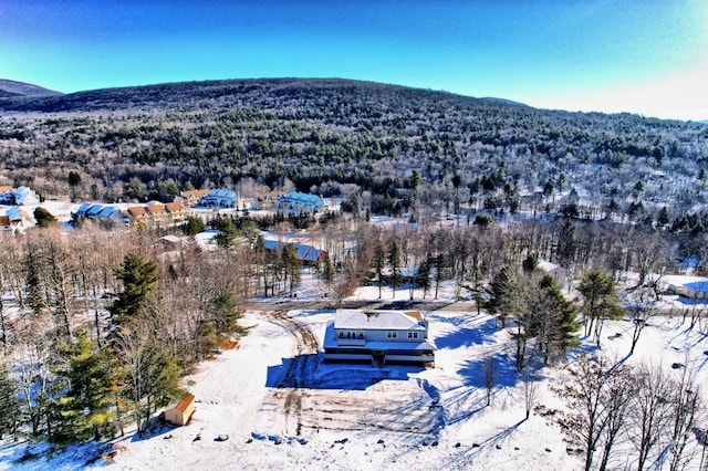 snowy aerial view with a mountain view