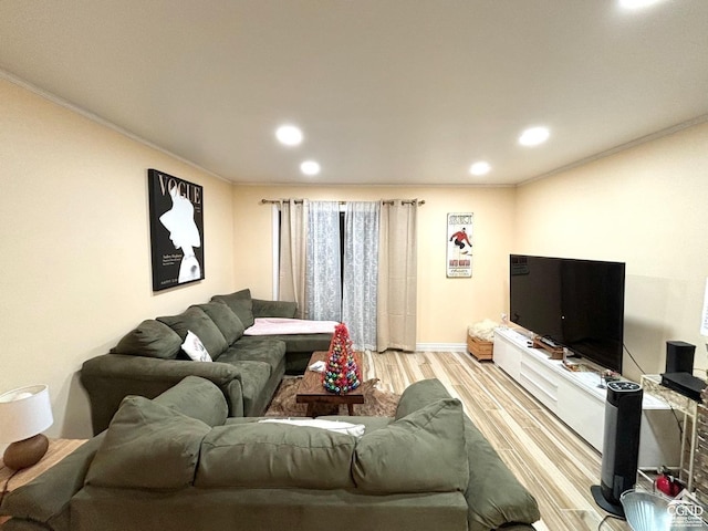 living room featuring ornamental molding and light hardwood / wood-style flooring