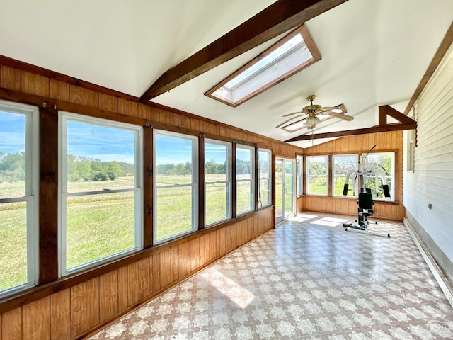 sunroom / solarium featuring ceiling fan and lofted ceiling with skylight