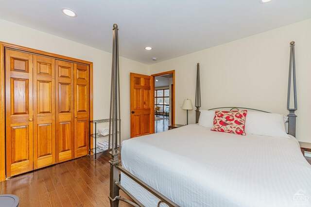 bedroom with dark wood-type flooring and a closet