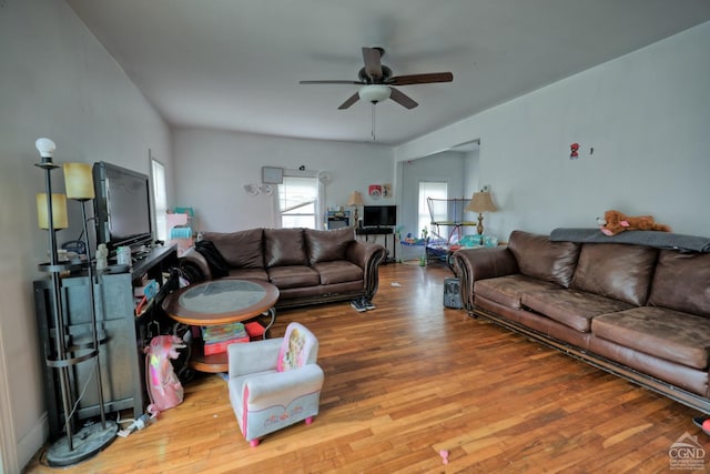 living room featuring ceiling fan and hardwood / wood-style floors