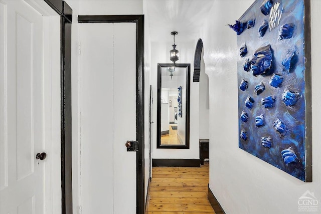 corridor featuring hardwood / wood-style flooring and arched walkways