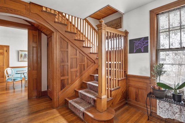 stairway with wood-type flooring