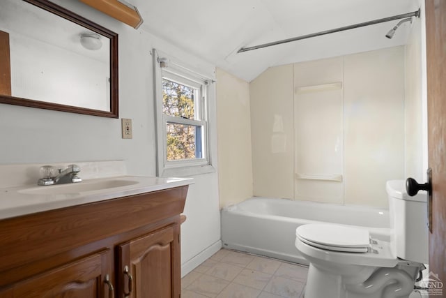 bathroom featuring shower / bath combination, toilet, vaulted ceiling, vanity, and tile patterned floors