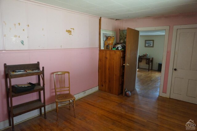 living area featuring dark hardwood / wood-style floors and radiator heating unit