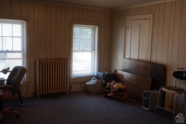 living area with radiator, wooden walls, a healthy amount of sunlight, and dark colored carpet