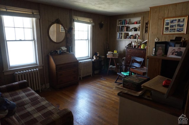 office featuring radiator heating unit, dark hardwood / wood-style floors, and wooden walls