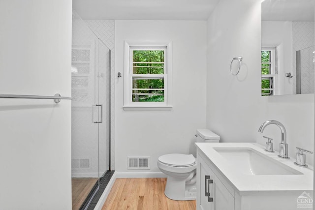 bathroom featuring walk in shower, wood-type flooring, vanity, and a wealth of natural light