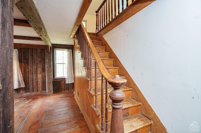 stairs featuring wood walls