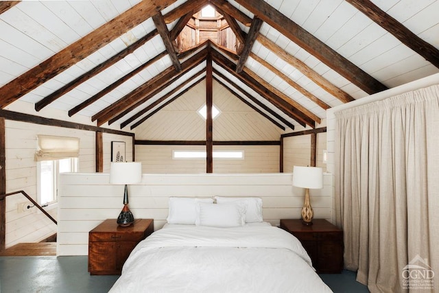 bedroom with vaulted ceiling with beams, wood walls, and finished concrete flooring