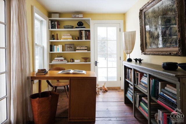 home office featuring dark wood finished floors and plenty of natural light