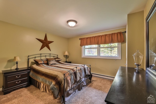 carpeted bedroom with a baseboard heating unit