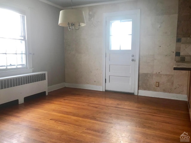 interior space featuring crown molding, hardwood / wood-style floors, and a healthy amount of sunlight