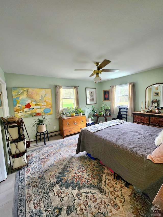 bedroom featuring ceiling fan and wood finished floors