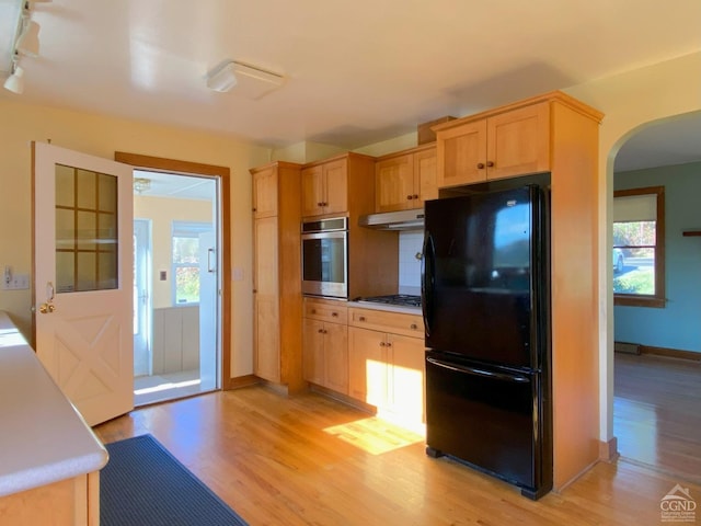 kitchen featuring plenty of natural light, light wood-type flooring, stainless steel appliances, and light brown cabinetry