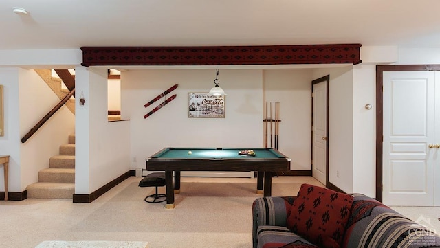 recreation room with carpet and pool table