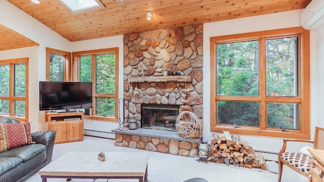 carpeted living room with a wall mounted AC, wooden ceiling, plenty of natural light, and a fireplace