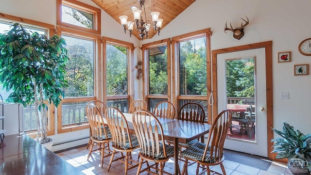 dining area with wooden ceiling, lofted ceiling, light tile patterned floors, baseboard heating, and a chandelier