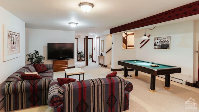 rec room featuring baseboard heating, light colored carpet, and billiards